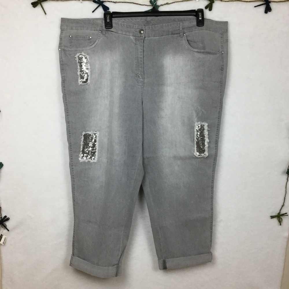 Ruby Rd. Light Gray Wash Sequin & Fray Detail Jean - image 1